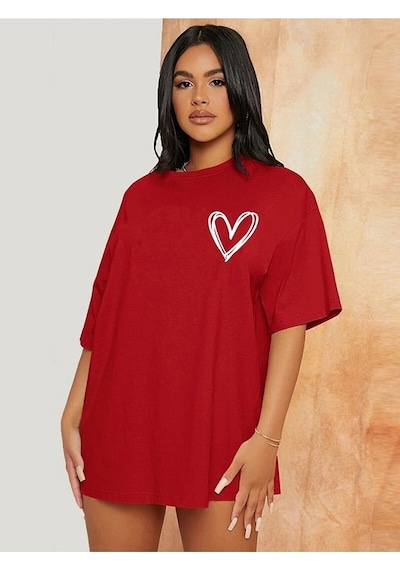 Minimal Kalp T-shirt - Kırmızı Baskılı Oversize Bisiklet Yaka Kısa Kol Tişört Kirmizi