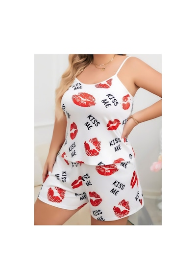 Lily Bianca Nightwear Desenli Askılı Ve Şortlu Büyük Beden Penye Gecelik Beyaz