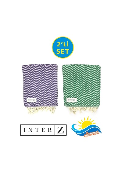 2li Set Peştemal Plaj Havlusu %100 Pamuk Xxl 100x180cm Marmaris Mor Yesil
