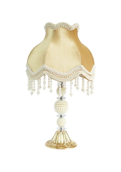 Gold Kadife Kaplı Beyaz İşlemeli Başlık İncili Gold Metal Ayaklı Klasik Model Abajur 55x25cm