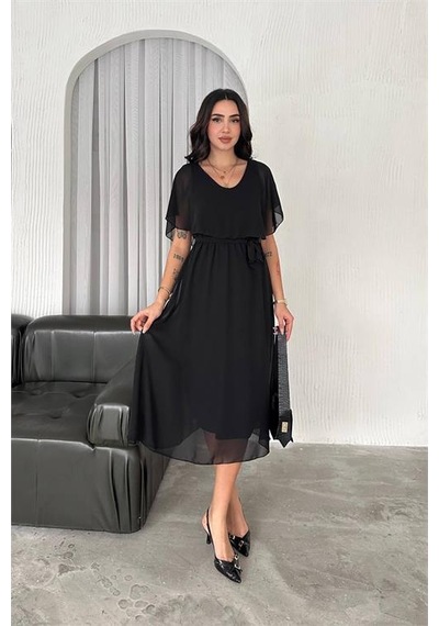 Dipmoda Kadın Kuşaklı Midi Boy Şifon Elbise Dpnbk4116 Siyah