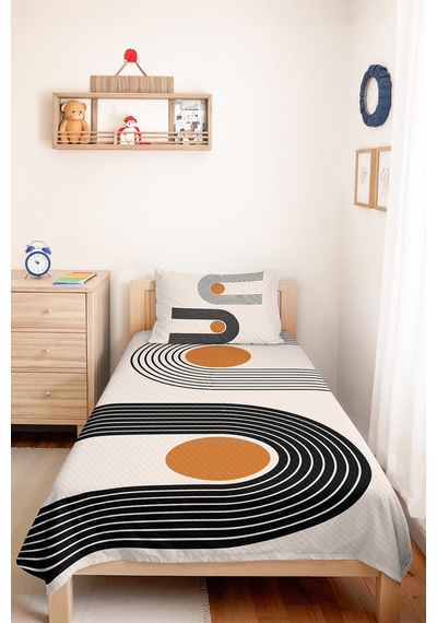 Geometrik Siyah Modern Genç Odası Tek Kişilik Pike Takımı - Hardal 160x220 Cm Kapitone Yatak Örtüsü Hafif Ot Tonu