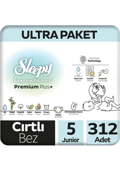 Sleepy 5 Beden Bio Natural Bebek Bezi Ultra Paket 78x4 312 Adet 5 Numara