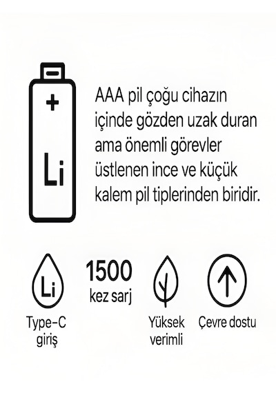 Type-c Şarjlı 800mwh 1.5v Şarj Edilebilir 2'li Aaa İnce Pil - Lityum İyon Batarya