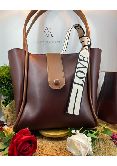 Amoura Kontrast Biye Detaylı Modern Dikey Tote Çanta Love Askılı Bordo