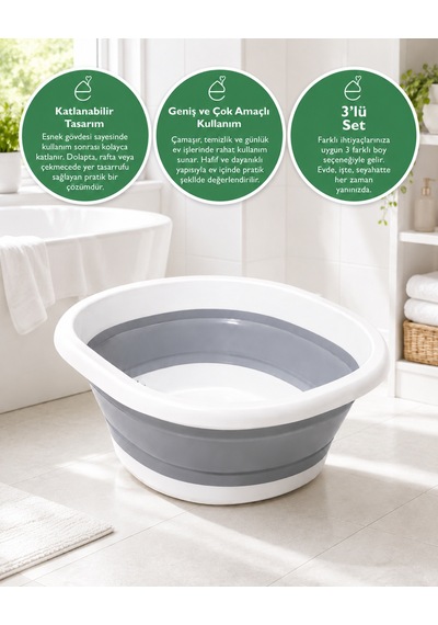 3 Lü Katlanabilir Çamaşır Leğeni Seti Çok Amaçlı Silikon Katlanır Leğen Yer Tasarruflu Banyo Temizlik Seti Gri