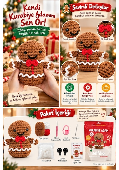 Selfıko Kurabiye Adam Örgü Öğrenme Seti Yılbaşı Yeni Yıl Amigurumi Başlangıç Hobi Kiti Çok Renkli