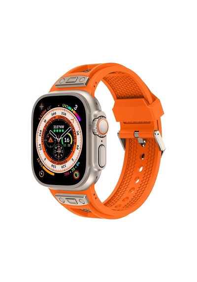 Apple Uyumlu  Watch 10 Serisi 46mm Redclick Krd-117 Terletmeyen Delikli Metal Süs Desenli Silikon Kordon