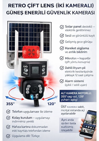 Retro Güneş Enerjili 6 Mp Ptz Güvenlik Kamerası Gece Görüşlü Ses Ve Görüntü Kaydı Hareket Bildirimi