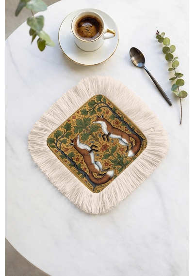 Lüks Vintage Tilki Temalı Saçaklı Kahve Yanı Sunum Peçetesi-doğal Flora Bohem Bardak Altlığı Mendil Çok Renkli