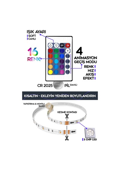 Onerous 3 M Rgb Led Led Işık, 16 Renk Çok Renkli