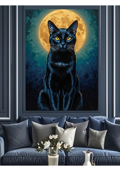 Kara Kedi Silüeti Gece Dekoratif Kanvas - Mdf Ahşap Tablo