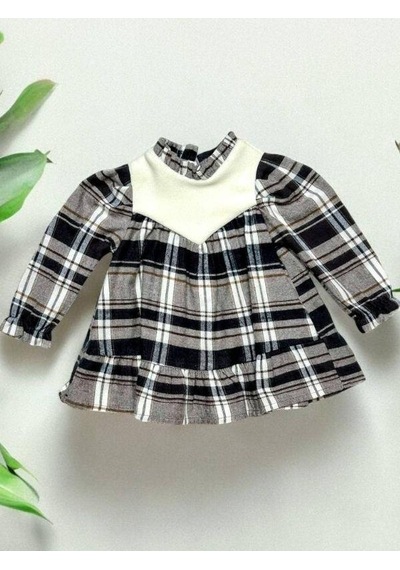 Çikoby Kız Bebek Yakası Peluş Detaylı Kare Desenli Elbise-14888 Çok Renkli