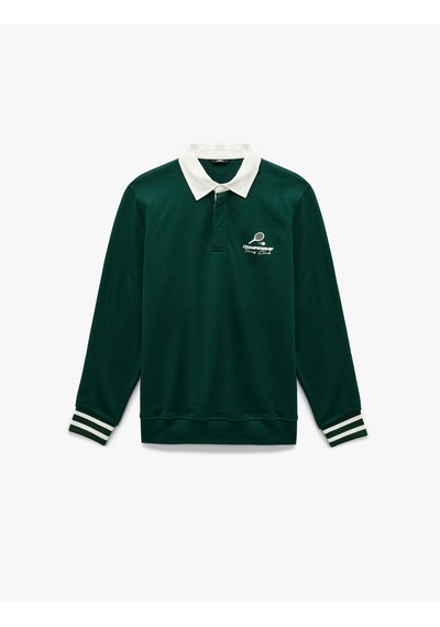 Koton Regular Fit Şardonlu Renk Kontrastlı Çizgili Polo Yaka Baskılı Sweatshirt Yeşil 6wam70163mk