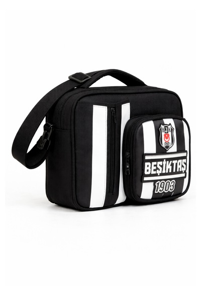 Beşiktaş Lisanslı Çubuklu Desen Rubber Logolu Su İtici Kumaşlı Beslenme Çantası Siyah - Beyaz