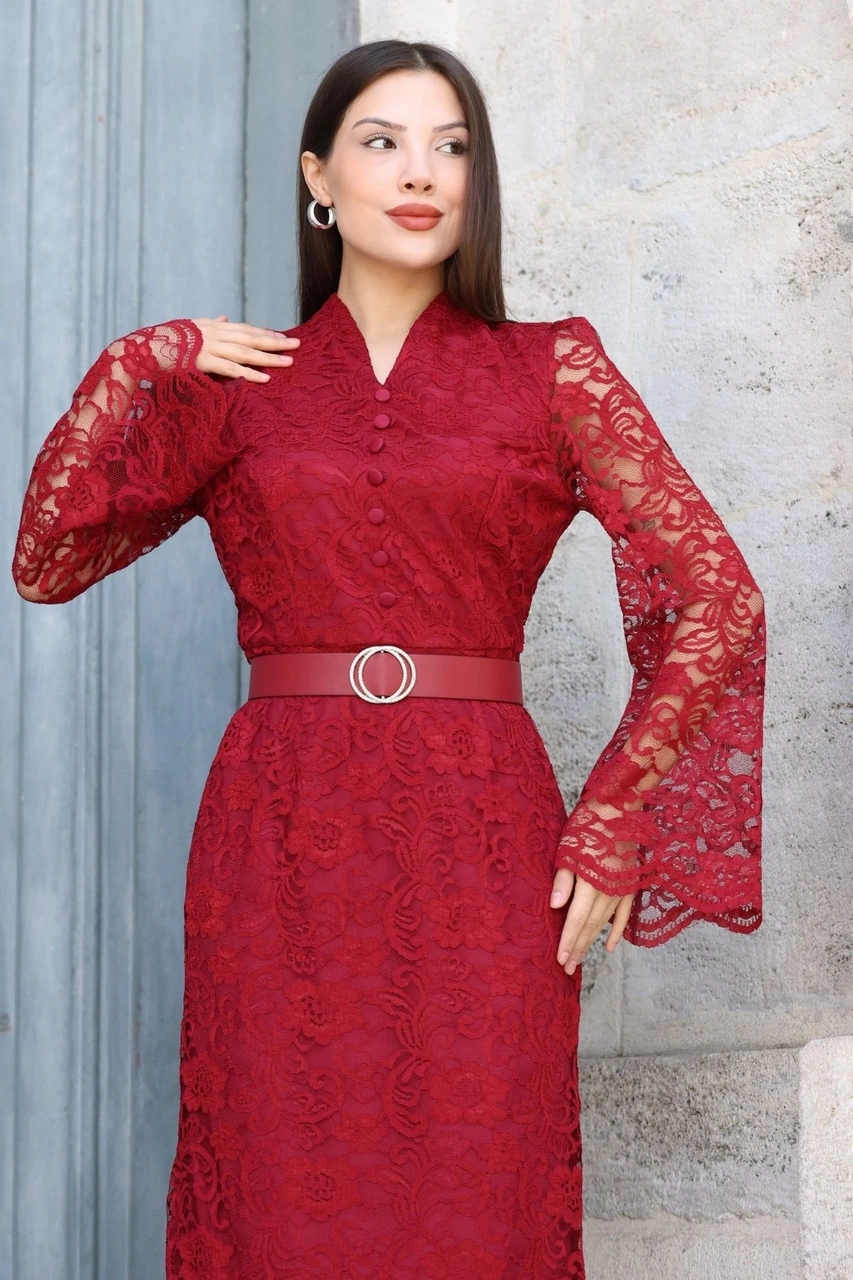 Lodmela Hakim Yaka Kemerli Dantel Maxi Abiye Elbise 6032-bordo Bordo