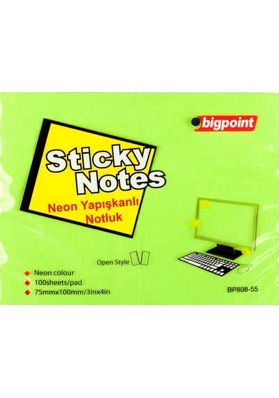 Bigpoint Yapışkanlı Not Kağıdı 75x100mm Neon Yeşil X 12 Adet