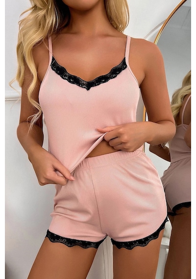 Ang Butik Kadın Pembe Alt Ve Üst Dantel Detaylı Şortlu Gecelik Takımı