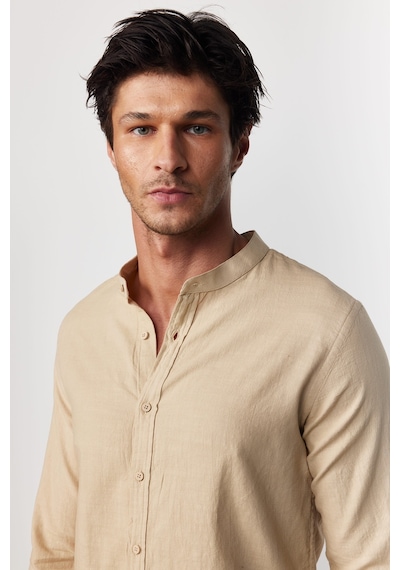 Tudors Slim Fit Dar Kalıp Uzun Kol Hakim Yaka Pamuklu Keten Efekt Bej Gömlek-28836-bej Bej