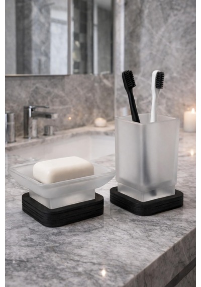 Cam 2 Li Banyo Seti Diş Fırçalık Sabunluk Beyaz