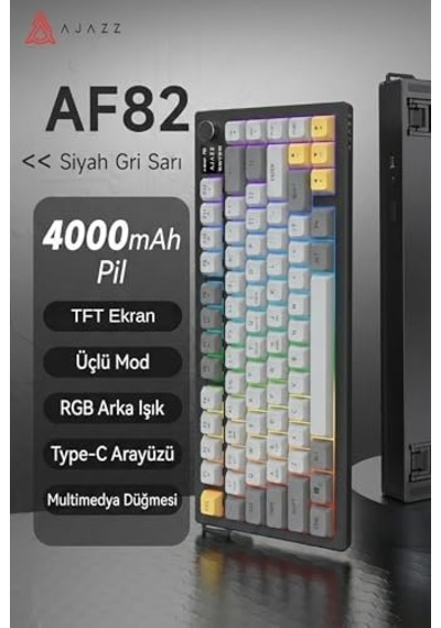 Üçlü Mod Membran Gaming Klavye,%75 Düzen, 4000mah Batarya, Rgb 14 Efekt, Tft Ekran, Type-c, Bluetooth 2.4g, Su Geçirmez, Win/mac Uyumlu, Multimedya Düğmeli Af82 Sarı Siyah - Af82