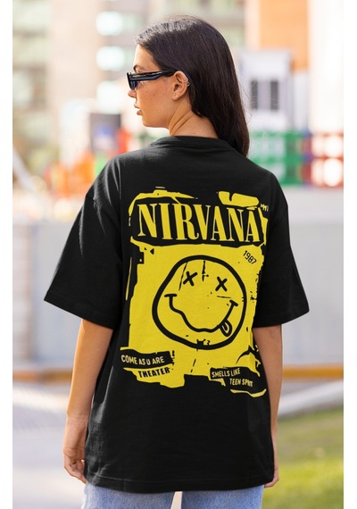 Tasarım Nirvana Rock Metal Sırt Baskılı Unisex Oversize Müzik Gru Siyah