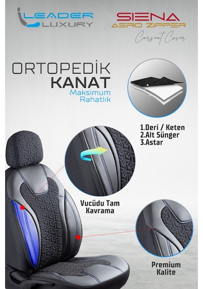 Fiat Doblo 2005-2009 2+1 Deri Detaylı Oto Koltuk Kılıfı Ön Arka Set Siyah Mavi Siena Model Fs