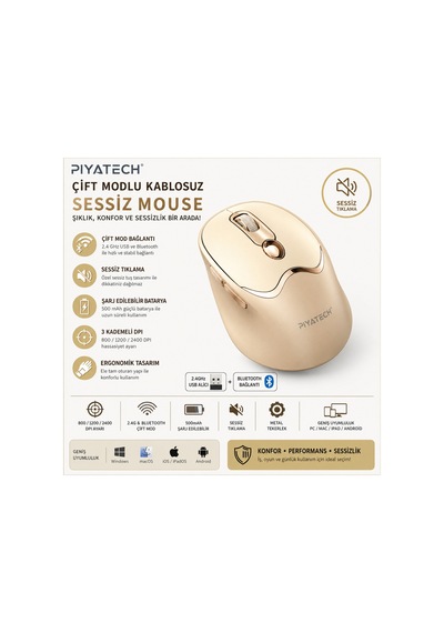 Xk-m02 Şarj Edilebilir Sessiz Kablosuz Mouse Bluetooth 2.4 Ghz Çift Mod Gold