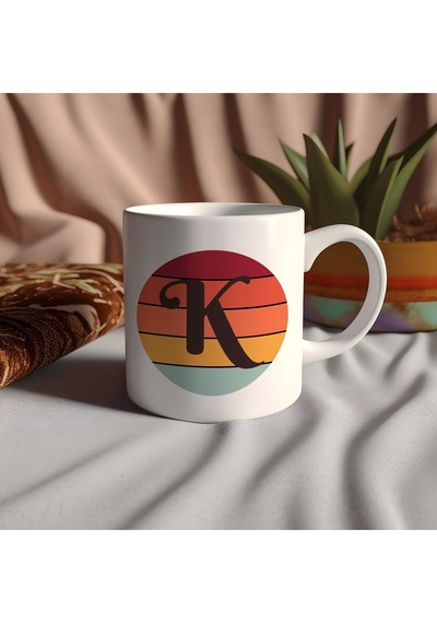 K Harfi Retro Renkli Kupa Bardak - Vintage Tarz Yuvarlak Harfli Kahve Kupası - Kişiye Özel Hediye Beyaz