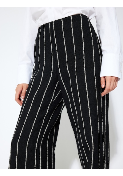 Koton Koton X Sibil Çetinkaya - Geniş Paça Pantolon Bol Kalıp Siyah Çizgili 5wak40076ew Siyah Çizgili Siyah