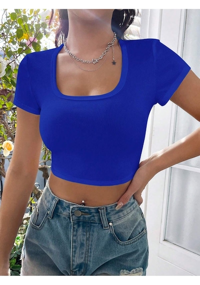 Liona Kare Yaka Mavi Renk Fitilli Kısa Kollu Slim Fit Crop Top Bluz