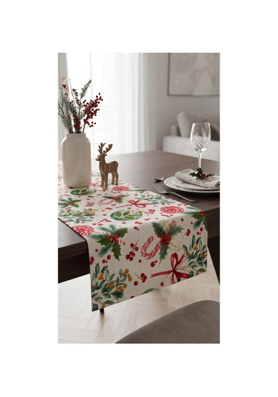 Duck Kumaş Runner 40x150 Cm Yılbaşı Şeker Bastonu, Çam Dalı Ve Kırmızı Kurdele Desenli, Su İtici Leke Tutmaz Masa Şeridi Kırmızı - 935840398 Kırmızı