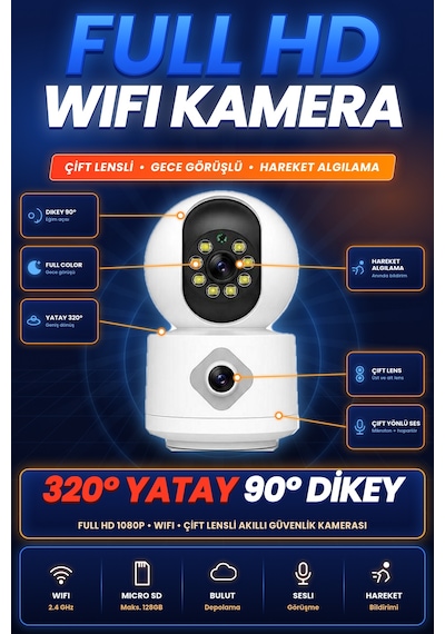 Homesmart Çift Lensli Wifi Güvenlik Kamerası Döner Başlıklı Renkli Gece Görüşlü Hareket Algılamalı İki Yönlü Sesli Akıllı Ev Kamerası