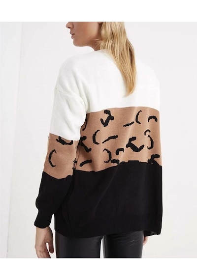 Aqe Fashion Kadın Bloklu Ortası Desenli Beyaz Hırka Beyaz