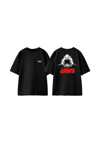 Thewert Jaws 1 Tasarım Sırt Baskılı Pamuk Siyah Oversize T-shirt