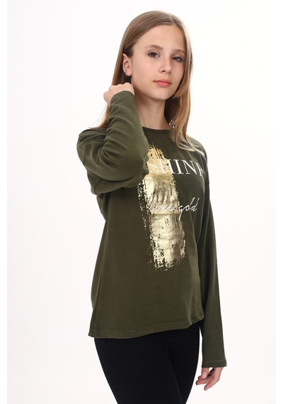 Toontoy Kız Çocuk Sweatshirt Shine Varak Baskılı Haki