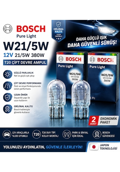 Bosch Pure Light W21/5w T20 12v 21/5w Çift Devre Ampul Park Stop Fren Sinyal Ampulü 2 Adet