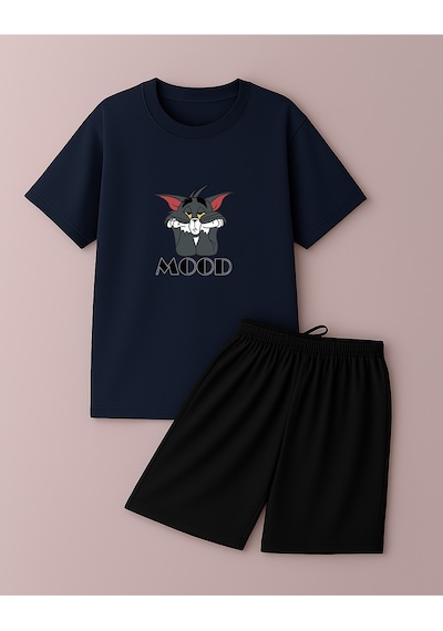 Uyguntarz Unisex Mood Baskılı Tasarım Şort Takım Lacivert
