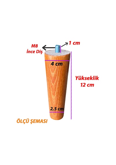 Ahşap Ayak 12 Cm 4'lü Set Açık Meşe M8 Civatalı Bağlantı Aparatlı Dolap Mobilya Koltuk Kanepe Destek Ayağı Ayakları Açık Meşe
