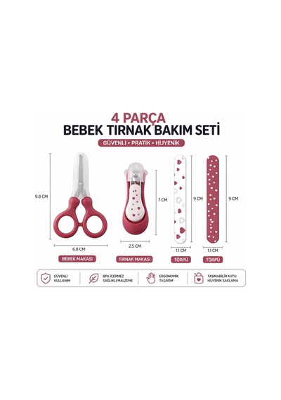 4 Parça Bebek Tırnak Bakım Seti Pembe / Güvenli Makas, Tırnak Makası, Törpü / Yenidoğan Bebek Bakım Seti