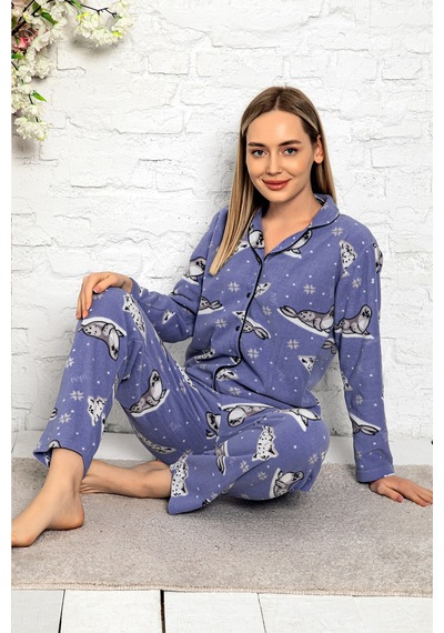 Nisanca Bayan Kışlık Welsoft Peluş İnci Polar Düğmeli Pijama Takımı 'ipeksi Doku' İndigo