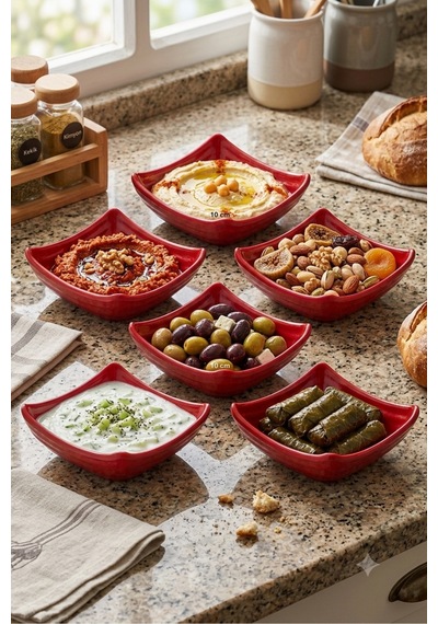 6 Adet Kırılmaz Melamin Kare Mini Sosluk Ve Çerezlik 10 Cm - Kırmızı Beyaz
