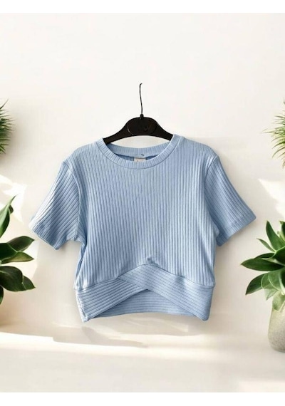 Zekids Kız Çocuk Fitilli Yarım Kol Crop T-shirt-14485 Mavi