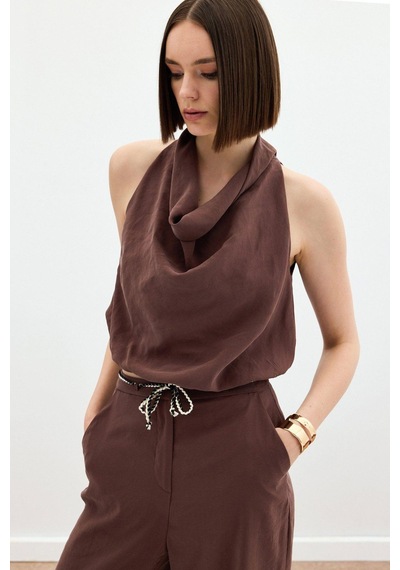 Sateen Degaje Yaka Bluz - Kahve Kahve