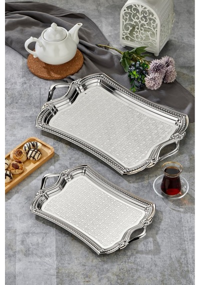 Cooker 2'li Evenia Metal Dikdörtgen Gümüş Sunum Tepsisi 49x30 Cm Ve 37x23 Cm Ckr3568 Diğer