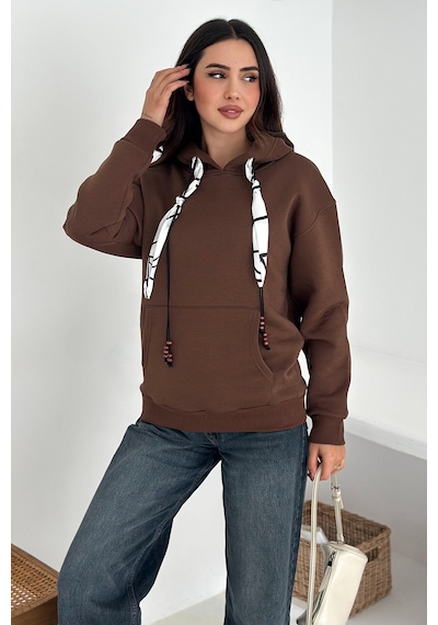 Noa & Noa Kadın Fular Detaylı Kapüşonlu Sweatshirt Casual Charm Kahverengi