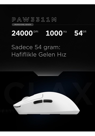 Clax 60 Gram Kablosuz Ultra Hafif Şarjlı 3311 Sensor 24000 Dpı 3311 Sensor Gaming Oyuncu Mouse Beyaz