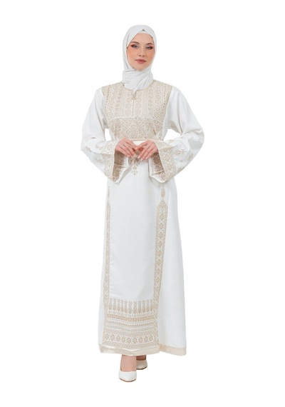 Zaytoon Filistin Nakışlı Modern Beyaz Kaftan Elbise - Geleneksel Şıklık Altın