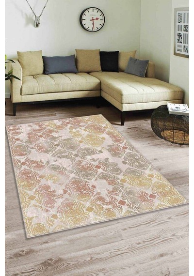 Yeşil Sarı Damask Desen Kaymaz Tabanlı Dekoratif Halı Al007n11 Yeşil - Sarı - Tarçın