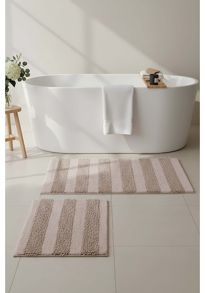 Bej Kabartmalı Çizgili 2 Li Banyo & Klozet Paspas Takımı Bej